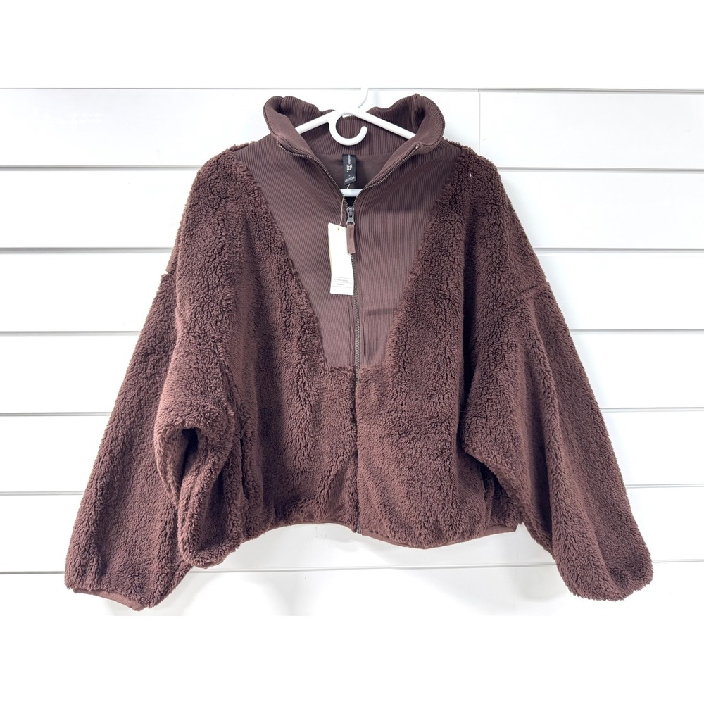 All in Motion Womens Brown Sherpa Fleece Full Zip Jacket Large Relaxed Fit NWT